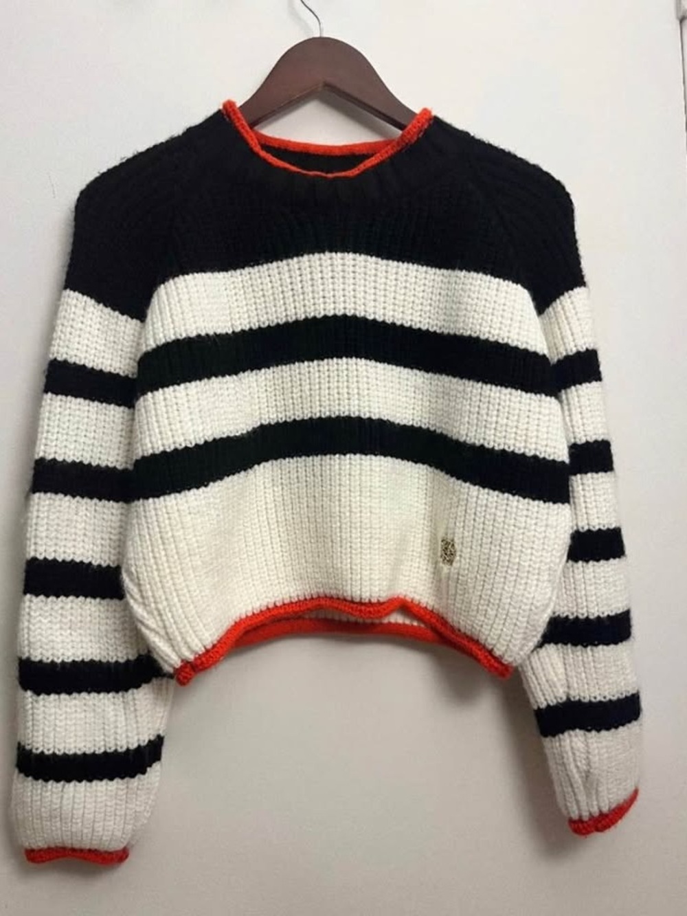 Loewe Black and White Striped Cropped Sweater with Orange Trim